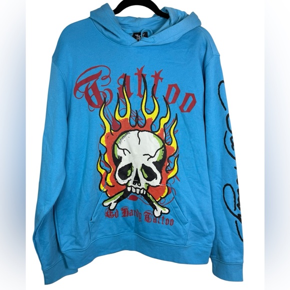 Ed Hardy Flame Skull Hoodie Jewel Blue Red Orange Mens Large Tattoo Y2K NWT - Picture 1 of 4